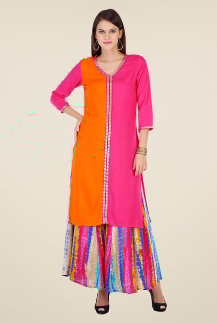 Varanga Pink Solid Kurta With Palazzo Varanga Pink Solid Kurta With Palazzo