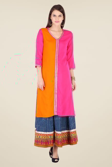Varanga Pink & Navy Solid Kurta With Palazzo Varanga Pink & Navy Solid Kurta With Palazzo