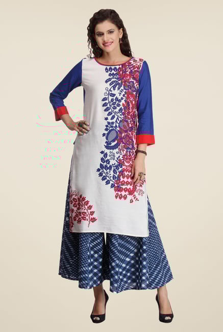 Varanga White & Blue Printed Kurta With Palazzo Varanga White & Blue Printed Kurta With Palazzo