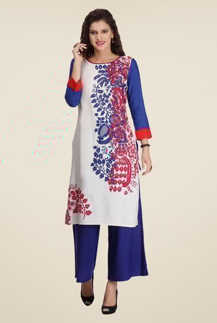 Varanga White & Blue Printed Kurta With Palazzo Varanga White & Blue Printed Kurta With Palazzo