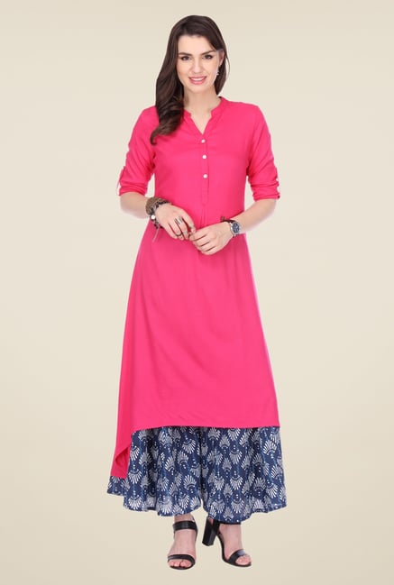Varanga Pink & Navy Solid Kurta With Palazzo Varanga Pink & Navy Solid Kurta With Palazzo