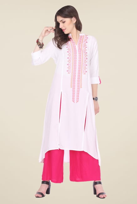 Varanga White & Pink Embroidered Kurta With Palazzo Varanga White & Pink Embroidered Kurta With Palazzo