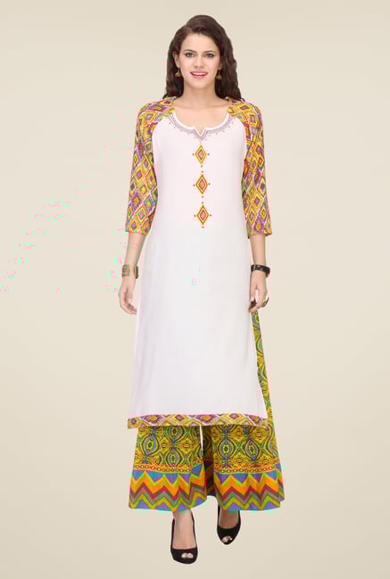 Varanga White & Yellow Printed Kurta With Palazzo Varanga White & Yellow Printed Kurta With Palazzo