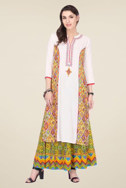 Varanga White & Yellow Printed Kurta With Palazzo Varanga White & Yellow Printed Kurta With Palazzo