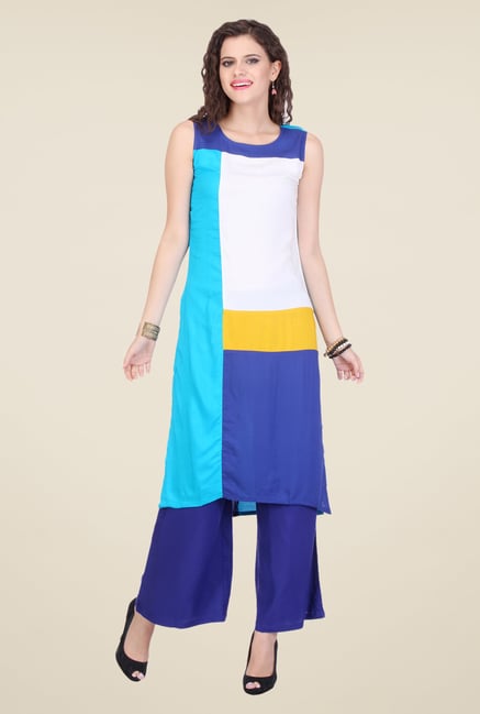 Varanga White & Blue Solid Kurta With Palazzo Varanga White & Blue Solid Kurta With Palazzo