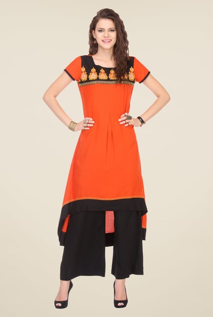 Varanga Orange & Black Embroidered Kurta With Palazzo Varanga Orange & Black Embroidered Kurta With Palazzo