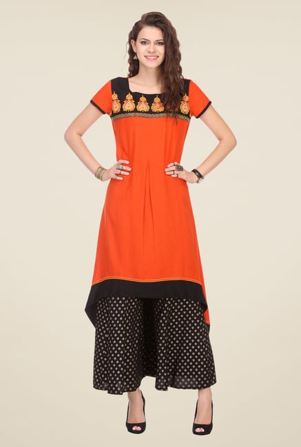 Varanga Orange & Black Embroidered Kurta With Palazzo Varanga Orange & Black Embroidered Kurta With Palazzo