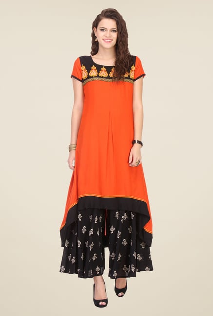 Varanga Orange & Black Embroidered Kurta With Palazzo Varanga Orange & Black Embroidered Kurta With Palazzo