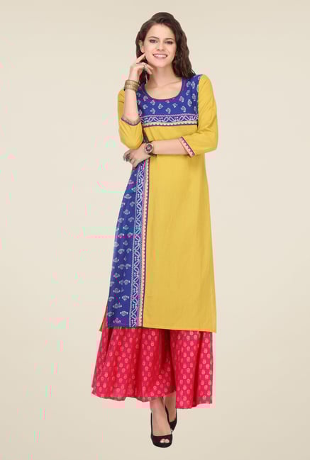 Varanga Mustard & Pink Printed Kurta With Palazzo Varanga Mustard & Pink Printed Kurta With Palazzo