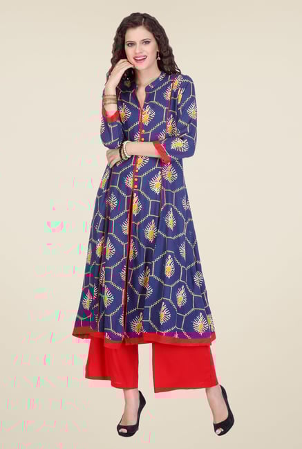 Varanga Blue & Red Printed Kurta With Palazzo Varanga Blue & Red Printed Kurta With Palazzo