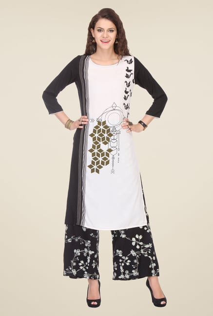 Varanga White & Black Printed Kurta With Palazzo Varanga White & Black Printed Kurta With Palazzo