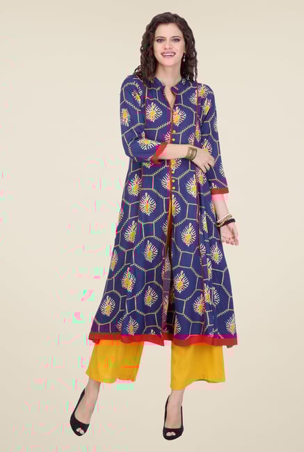 Varanga Blue & Mustard Printed Kurta With Palazzo Varanga Blue & Mustard Printed Kurta With Palazzo