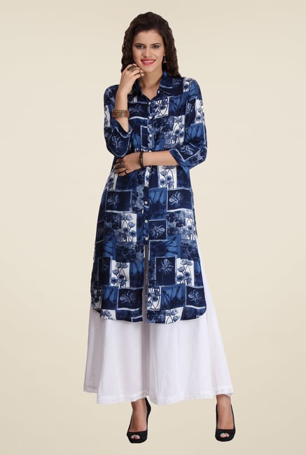 Varanga Blue & White Printed Kurta With Palazzo Varanga Blue & White Printed Kurta With Palazzo