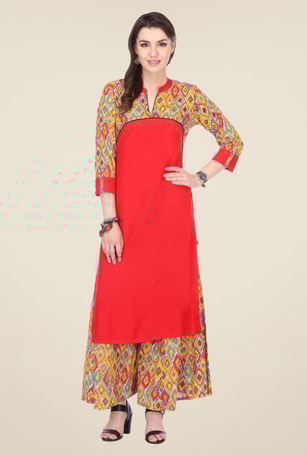 Varanga Red Printed Kurta With Palazzo Varanga Red Printed Kurta With Palazzo