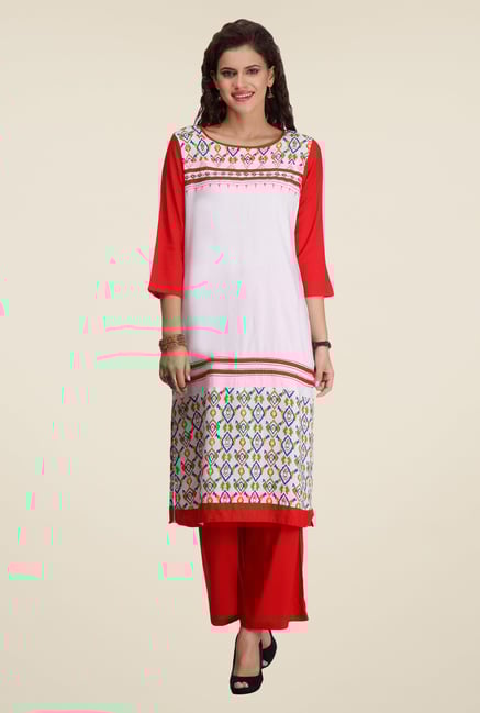 Varanga White & Red Printed Kurta With Palazzo Varanga White & Red Printed Kurta With Palazzo