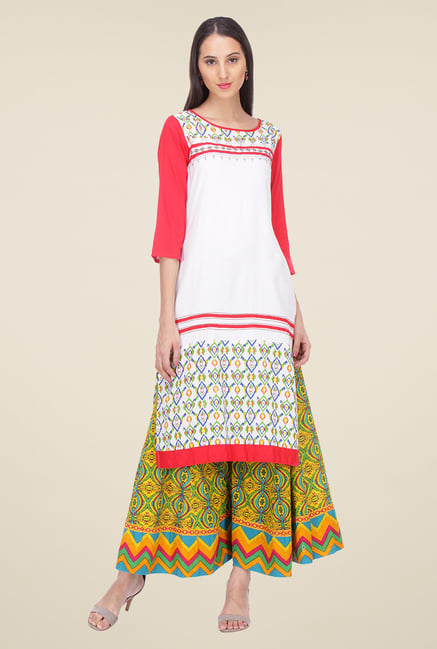 Varanga White & Yellow Printed Kurta With Palazzo Varanga White & Yellow Printed Kurta With Palazzo