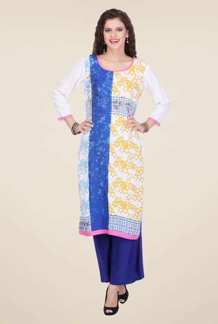 Varanga White & Blue Printed Kurta With Palazzo Varanga White & Blue Printed Kurta With Palazzo