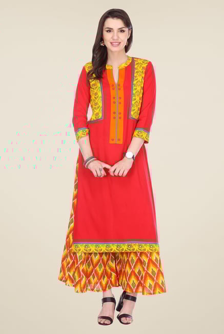 Varanga Red & Yellow Embroidered Kurta With Palazzo Varanga Red & Yellow Embroidered Kurta With Palazzo