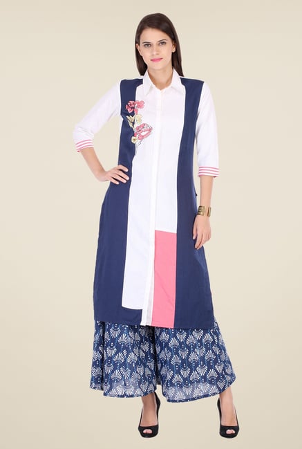 Varanga White & Blue Embroidered Kurta With Palazzo Varanga White & Blue Embroidered Kurta With Palazzo