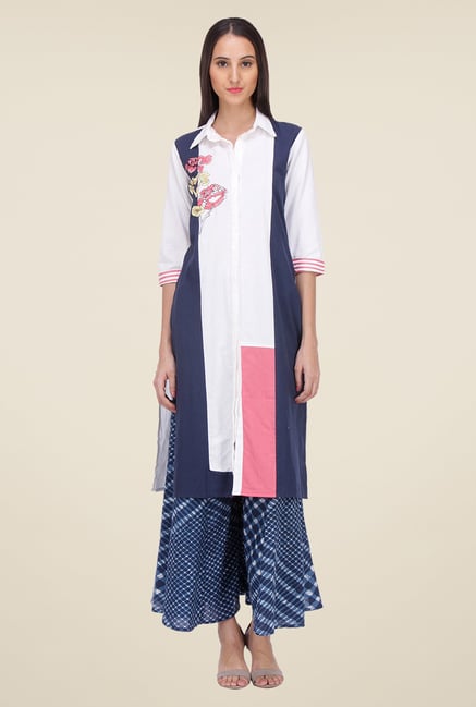 Varanga White & Blue Embroidered Kurta With Palazzo Varanga White & Blue Embroidered Kurta With Palazzo