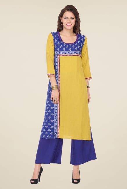 Varanga Mustard & Blue Printed Kurta With Palazzo Varanga Mustard & Blue Printed Kurta With Palazzo