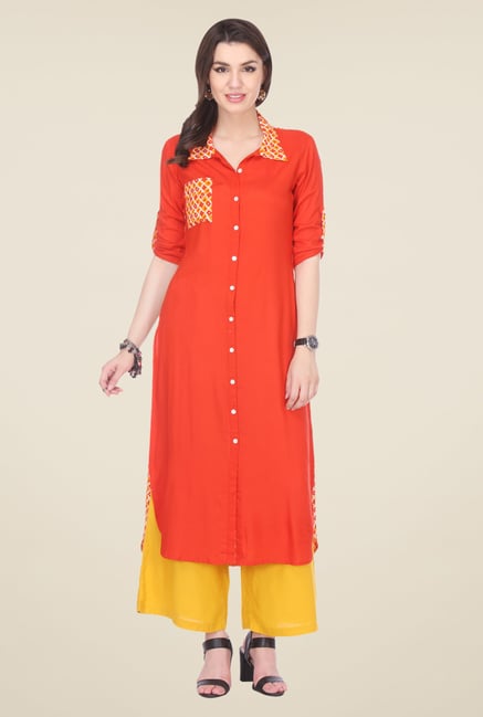 Varanga Orange & Mustard Solid Kurta With Palazzo Varanga Orange & Mustard Solid Kurta With Palazzo