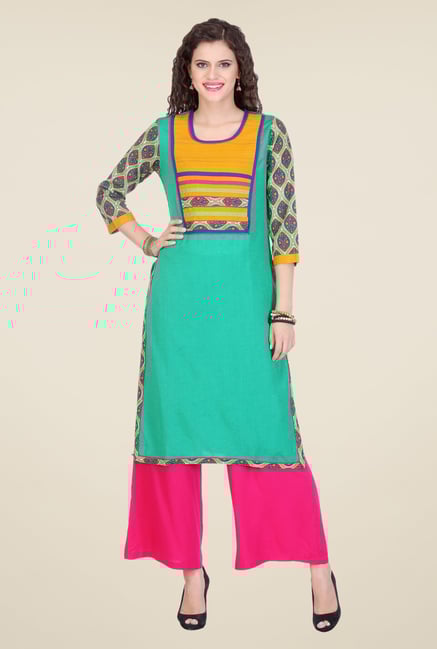 Varanga Teal & Pink Printed Kurta With Palazzo Varanga Teal & Pink Printed Kurta With Palazzo