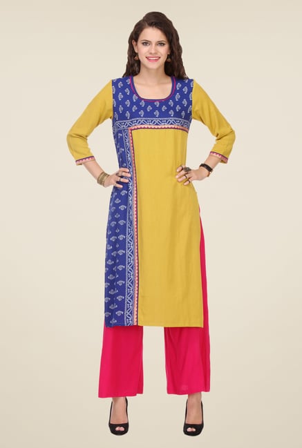 Varanga Mustard & Pink Printed Kurta With Palazzo Varanga Mustard & Pink Printed Kurta With Palazzo