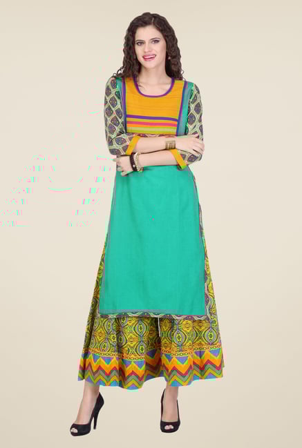 Varanga Teal & Yellow Printed Kurta With Palazzo Varanga Teal & Yellow Printed Kurta With Palazzo