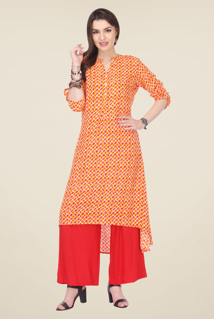Varanga Orange & Coral Printed Kurta With Palazzo Varanga Orange & Coral Printed Kurta With Palazzo
