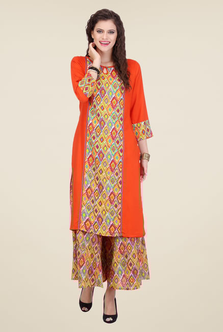 Varanga Orange Printed Kurta With Palazzo Varanga Orange Printed Kurta With Palazzo
