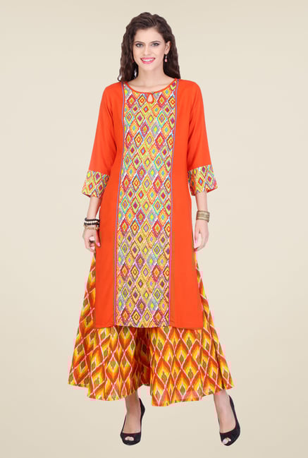 Varanga Orange & Yellow Printed Kurta With Palazzo Varanga Orange & Yellow Printed Kurta With Palazzo