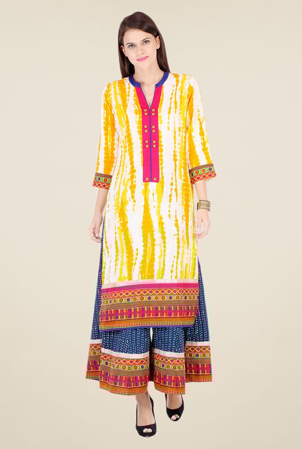 Varanga Yellow & Navy Printed Kurta With Palazzo Varanga Yellow & Navy Printed Kurta With Palazzo