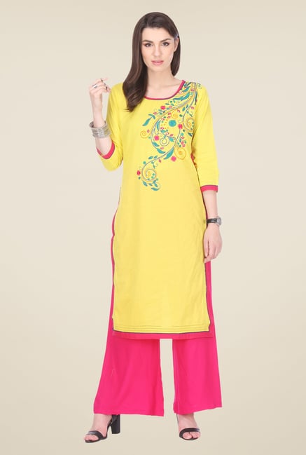 Varanga Yellow & Pink Embroidered Kurta With Palazzo Varanga Yellow & Pink Embroidered Kurta With Palazzo