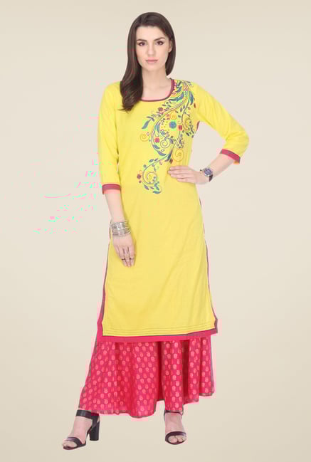 Varanga Yellow & Pink Embroidered Kurta With Palazzo Varanga Yellow & Pink Embroidered Kurta With Palazzo