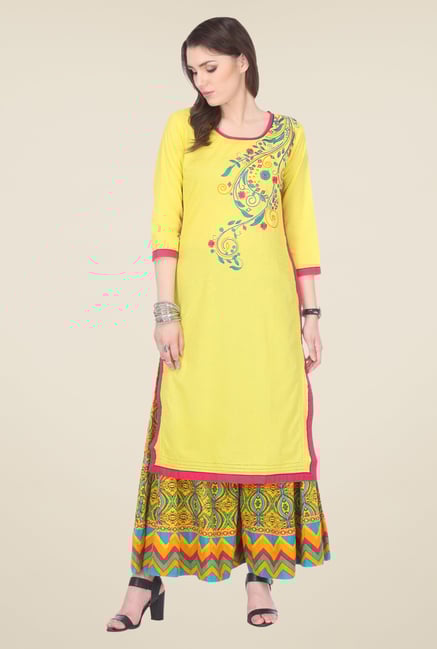 Varanga Yellow Embroidered Kurta With Palazzo Varanga Yellow Embroidered Kurta With Palazzo
