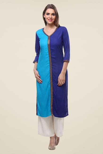 Varanga Blue & Cream Solid Kurta With Palazzo Varanga Blue & Cream Solid Kurta With Palazzo