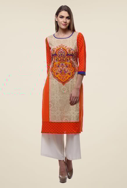 Varanga Beige & White Printed Kurta With Palazzo Varanga Beige & White Printed Kurta With Palazzo