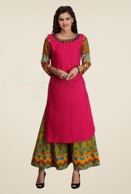 Varanga Pink & Yellow Printed Kurta With Palazzo Varanga Pink & Yellow Printed Kurta With Palazzo