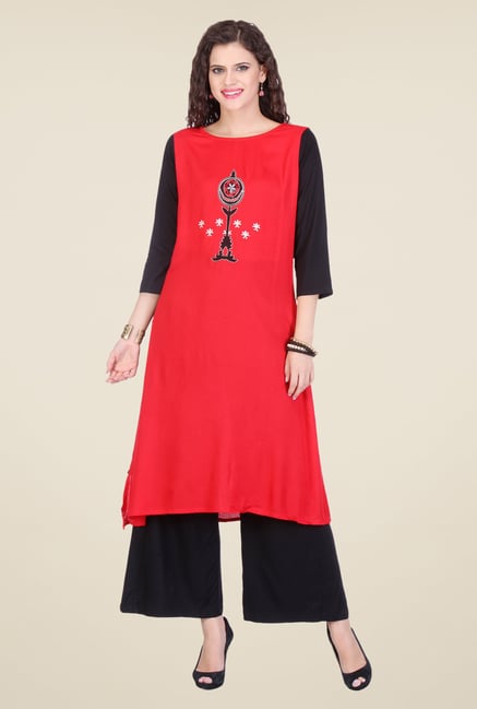 Varanga Red & Black Embroidered Kurta With Palazzo Varanga Red & Black Embroidered Kurta With Palazzo