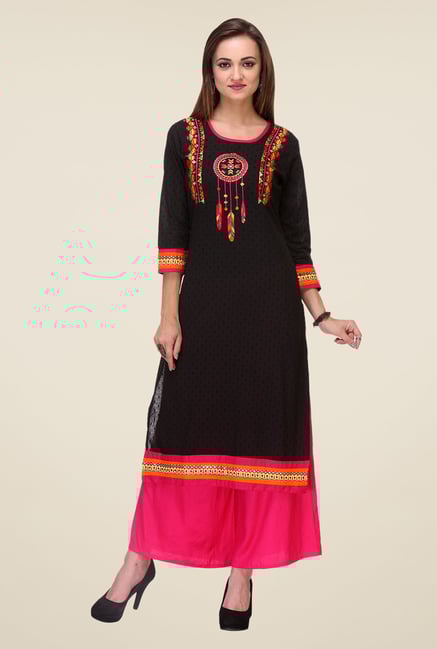 Varanga Black & Pink Embroidered Kurta With Palazzo Varanga Black & Pink Embroidered Kurta With Palazzo