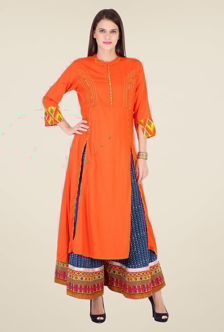 Varanga Orange & Blue Solid Kurta With Palazzo Varanga Orange & Blue Solid Kurta With Palazzo