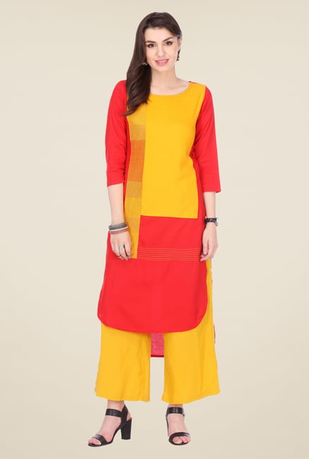 Varanga Red & Mustard Embroidered Kurta With Palazzo Varanga Red & Mustard Embroidered Kurta With Palazzo