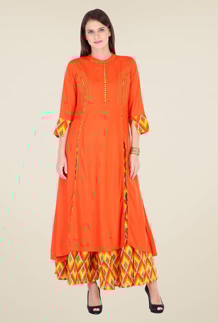 Varanga Orange & Yellow Solid Kurta With Palazzo Varanga Orange & Yellow Solid Kurta With Palazzo