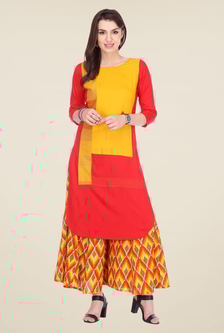 Varanga Red & Orange Embroidered Kurta With Palazzo Varanga Red & Orange Embroidered Kurta With Palazzo