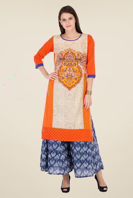 Varanga Beige & Navy Printed Kurta With Palazzo Varanga Beige & Navy Printed Kurta With Palazzo