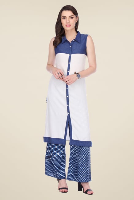 Varanga White & Blue Solid Kurta With Palazzo Varanga White & Blue Solid Kurta With Palazzo