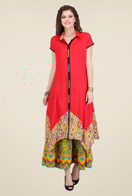 Varanga Red & Yellow Printed Kurta With Palazzo Varanga Red & Yellow Printed Kurta With Palazzo