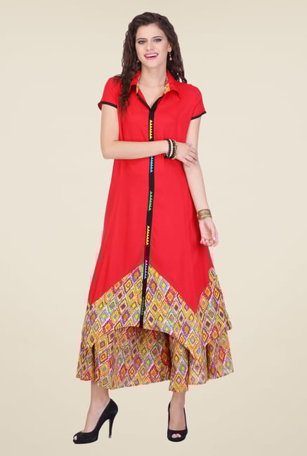 Varanga Red Printed Kurta With Palazzo Varanga Red Printed Kurta With Palazzo