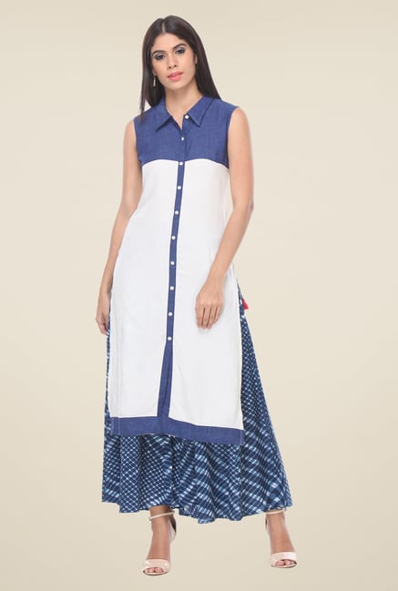 Varanga White & Blue Solid Kurta With Palazzo Varanga White & Blue Solid Kurta With Palazzo